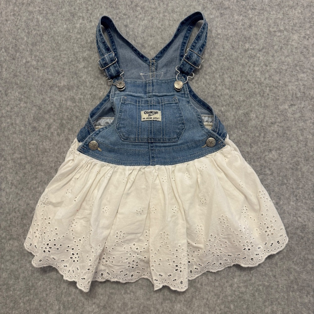 OshKosh B'gosh Toddler Girls 2T Denim Eyelet Lace Overall Jumper Dress White